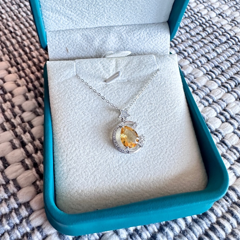 Large citrine pendant with moon and star zircon setting s925 sterling 18”